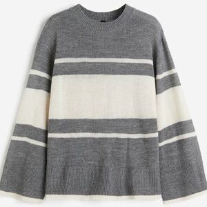 H&M Charcoal and Cream Striped Crewneck Sweater Oversized Medium